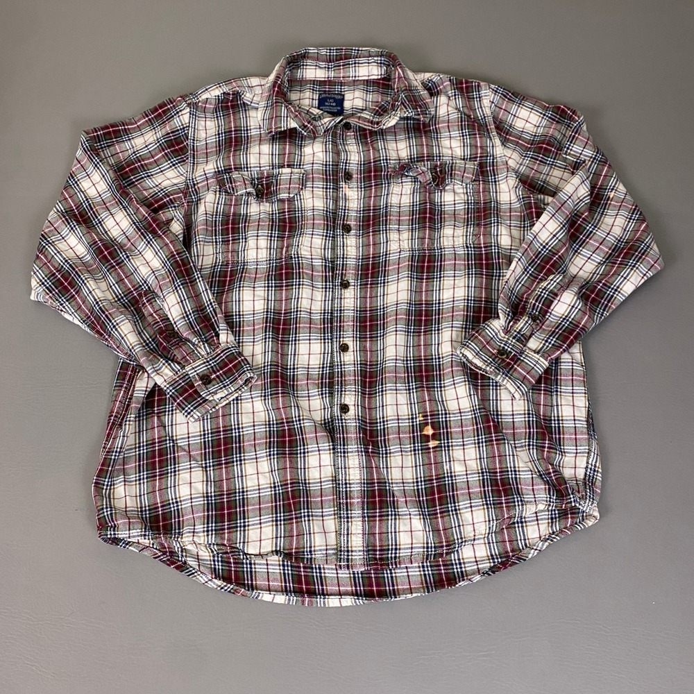Faded Glory Flannel Button Down Shirt Men's Large Plaid Red White Blue *Flawed*